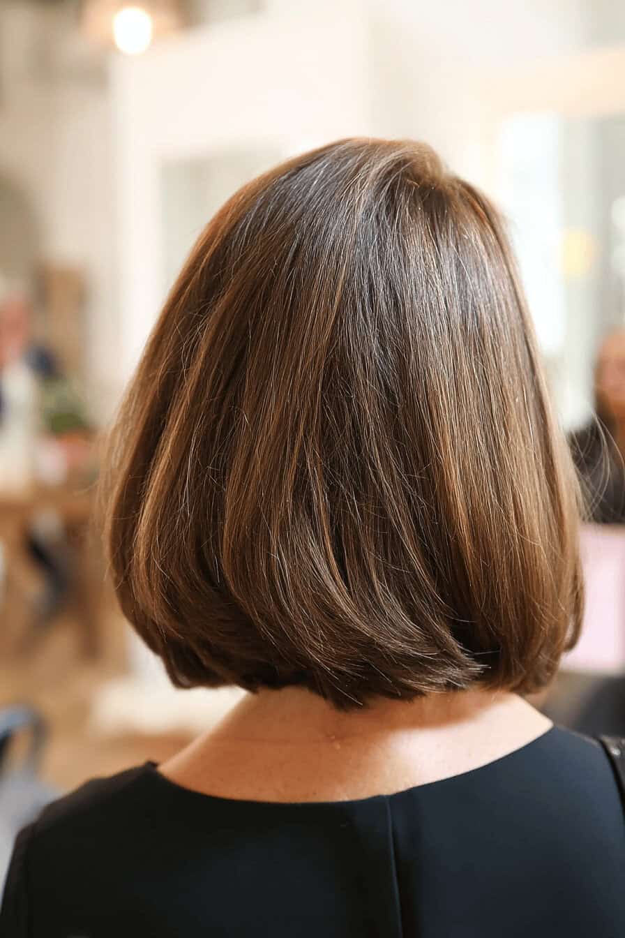 Eine Frau mit einem klassischen schulterlangen Bob von hinten.