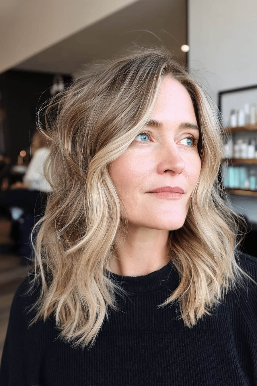 Frau mit schulterlangem, welligem Haar und grauen Strähnchen.