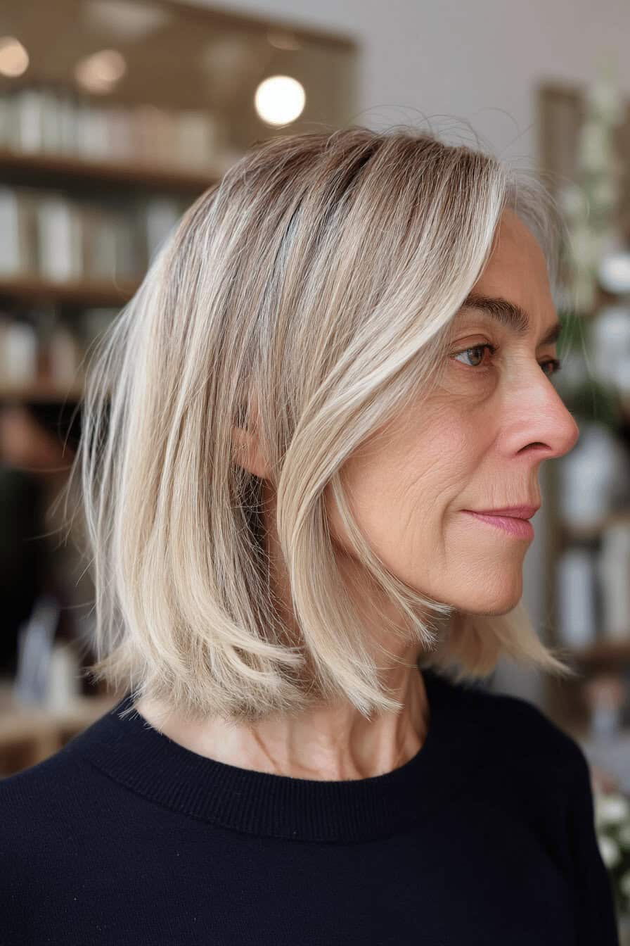 Eine Frau mit langem, blondem Seitenscheitel, der ihr Gesicht elegant umrahmt.
