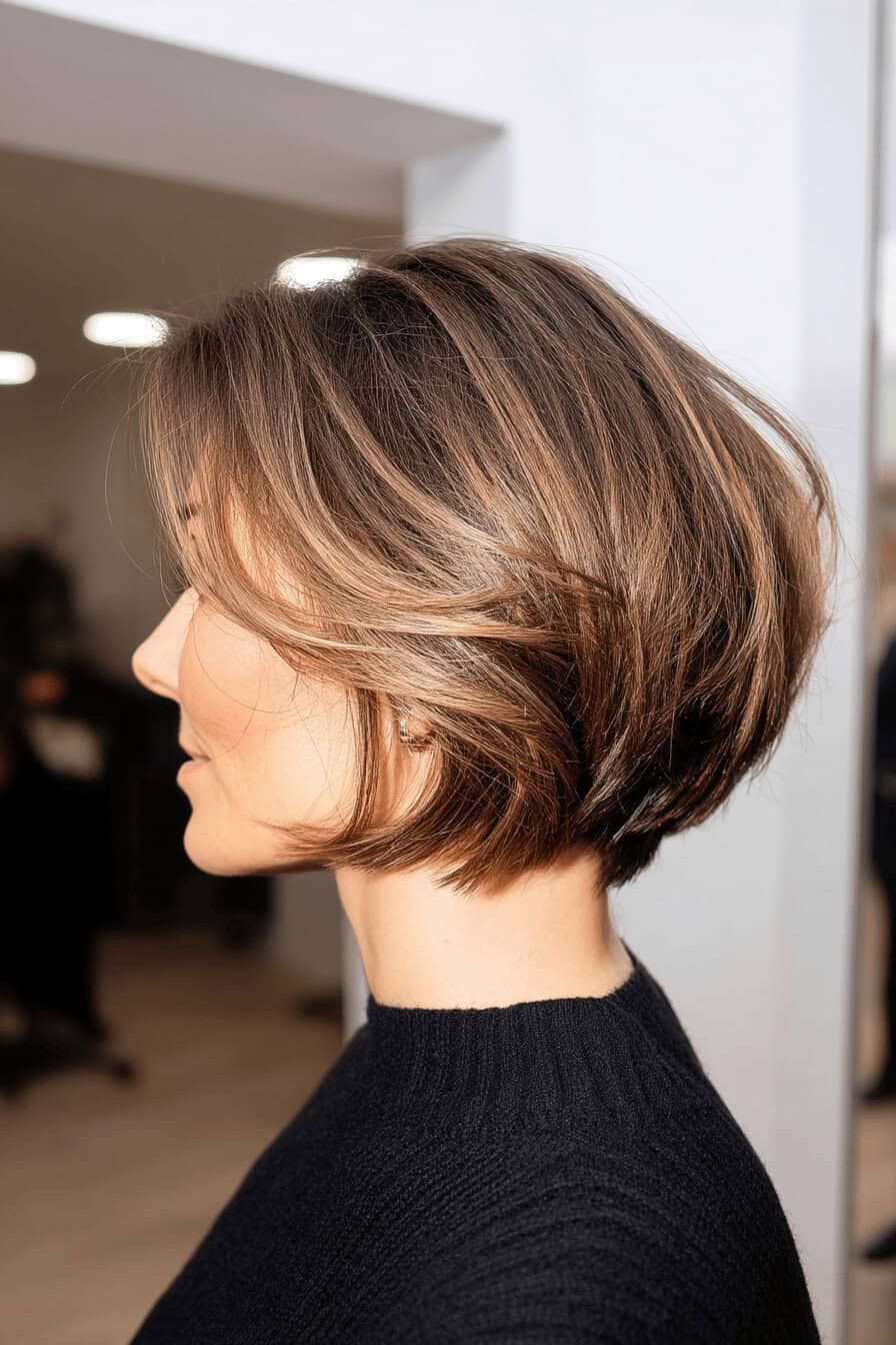 Frau mit seitlich gescheiteltem Bob in einem Friseursalon.