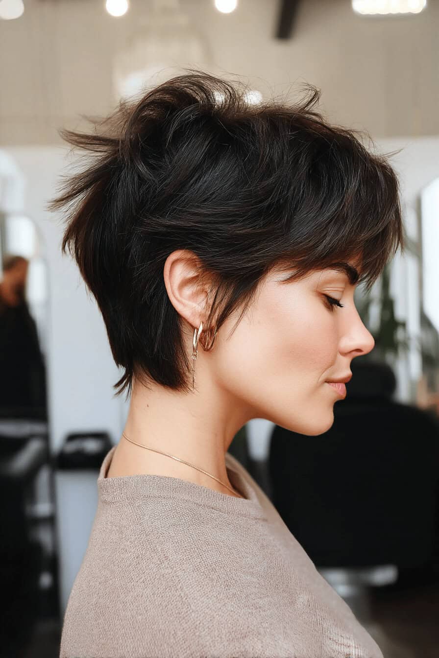 Nahaufnahme einer Person mit seitlich geföhntem Shag-Haarschnitt.