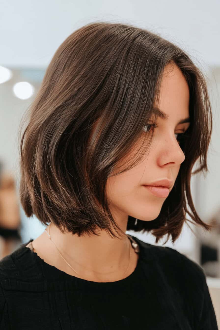 Frau mit schulterlangem, welligem Bob von der Seite.