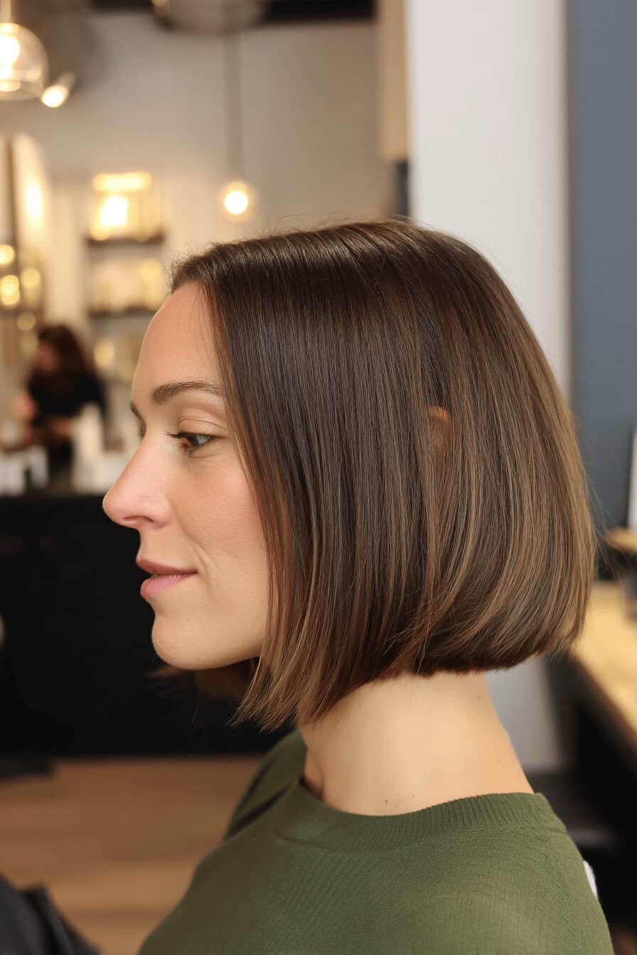 Eine Frau mit einem klassischen, glatten Bob-Haarschnitt in einem Friseursalon.