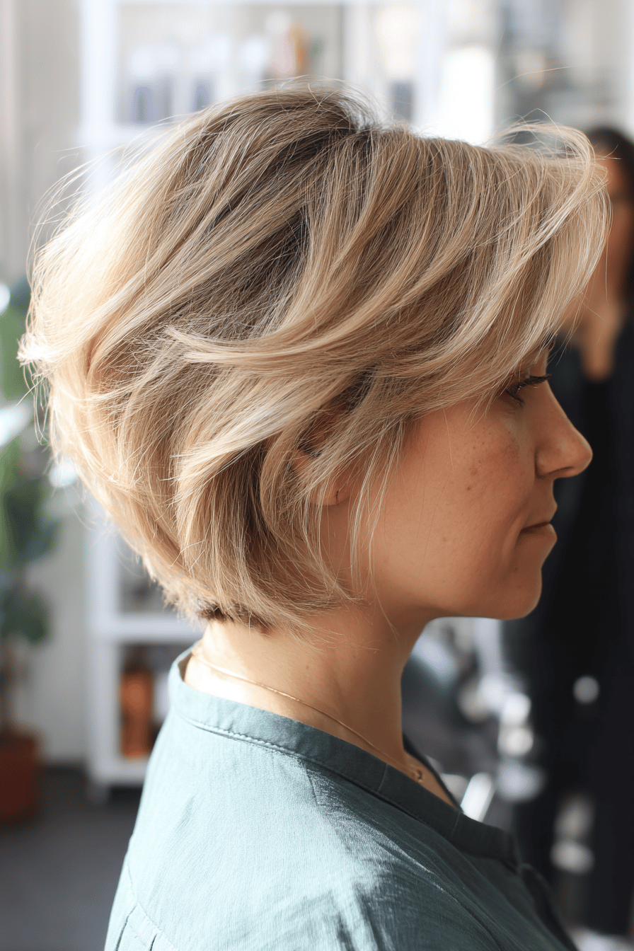Seitenansicht eines modernen Shag Cut bei einer Frau mit blondem Haar.