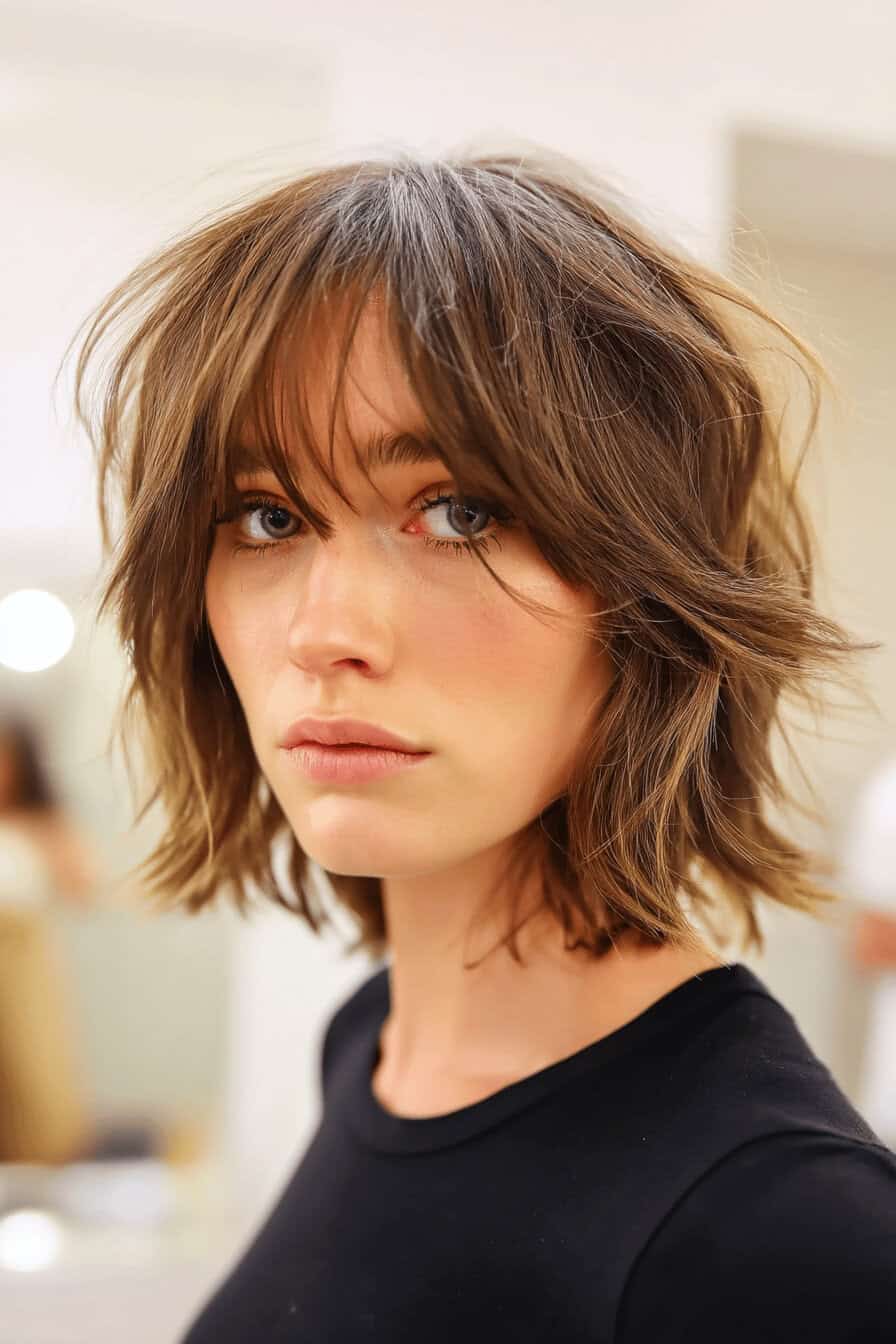 Frau mit mittellangem, zerzaustem Shaggy Bob.