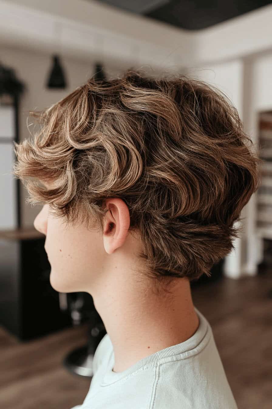 Seitenansicht eines mittellangen, welligen Shag-Haarschnitts an einer Person.
