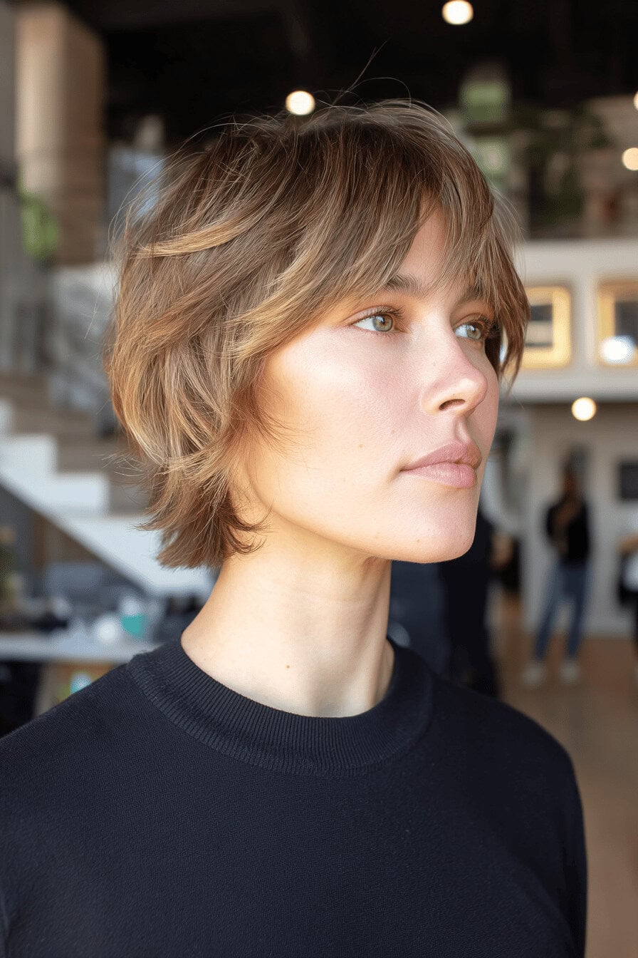 Person mit modernem, kurzem Shag-Haarschnitt in einem Friseursalon.