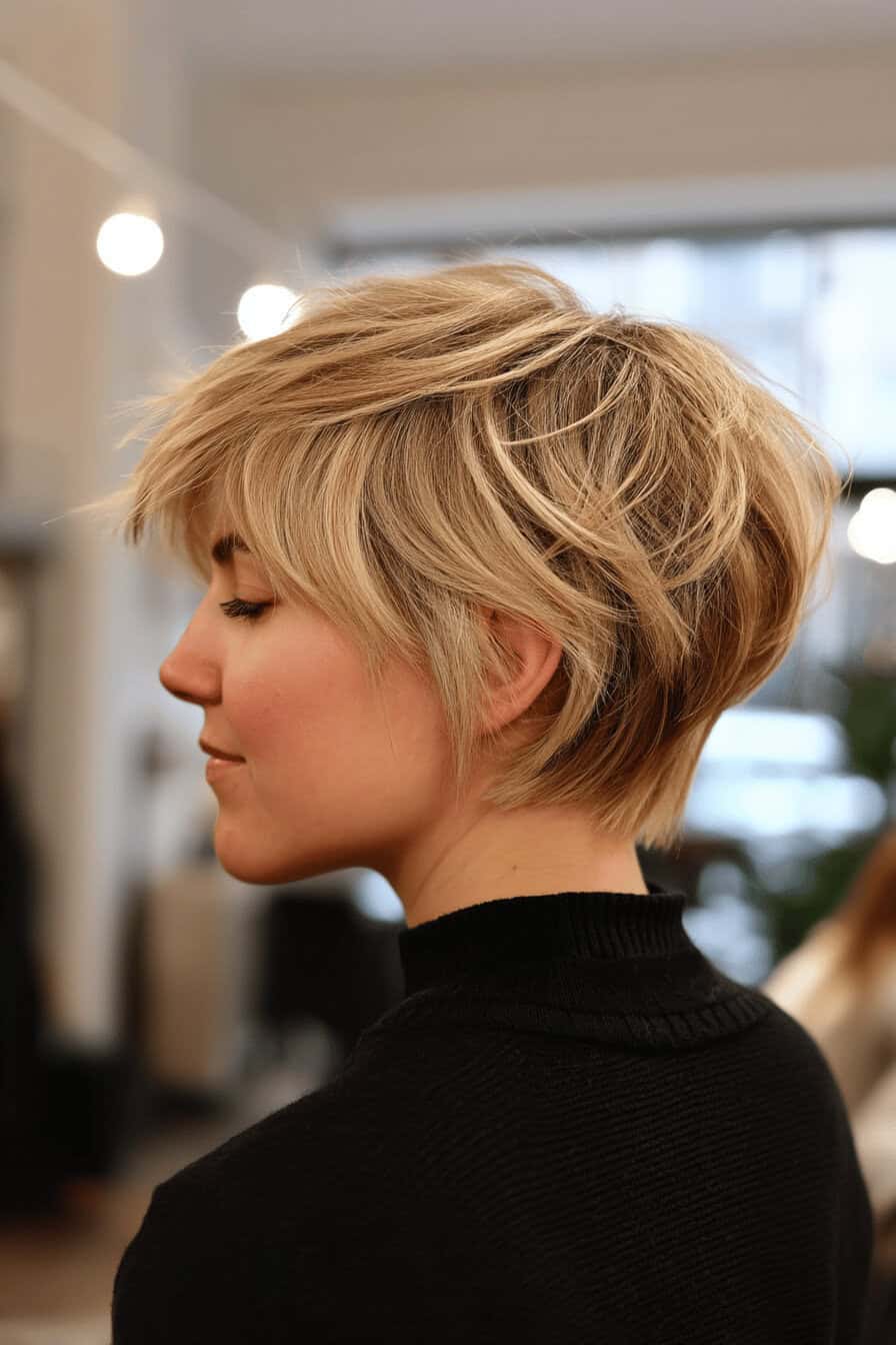 Kurzer, voluminöser Shag Haarschnitt mit blonden Highlights.