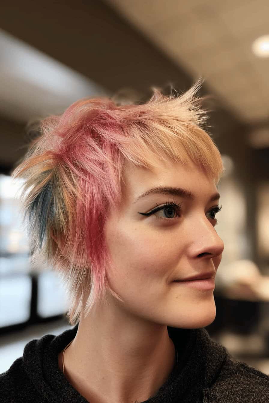 Person mit kurzem, mehrfarbigem Shaghaarschnitt, der pink, blond und blau kombiniert.