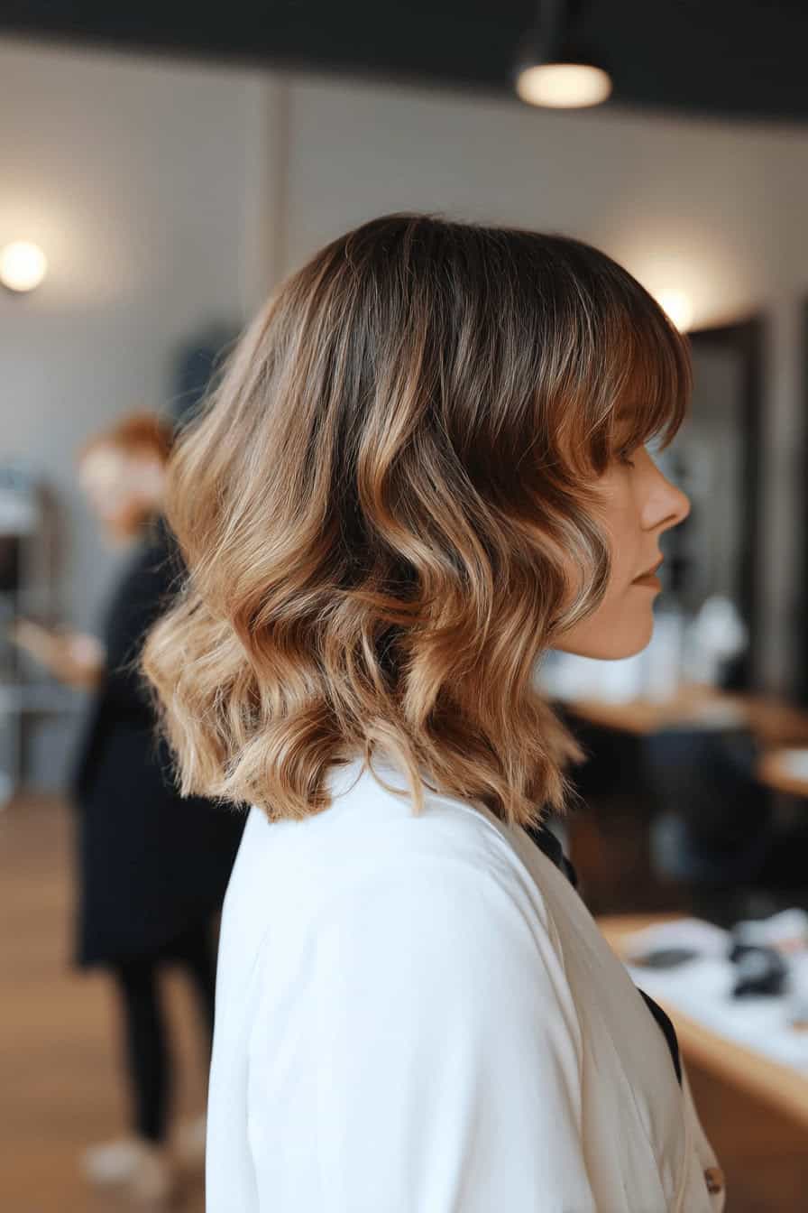 Frau mit mittellanger, welliger Shaggy Frisur in einem Salon.