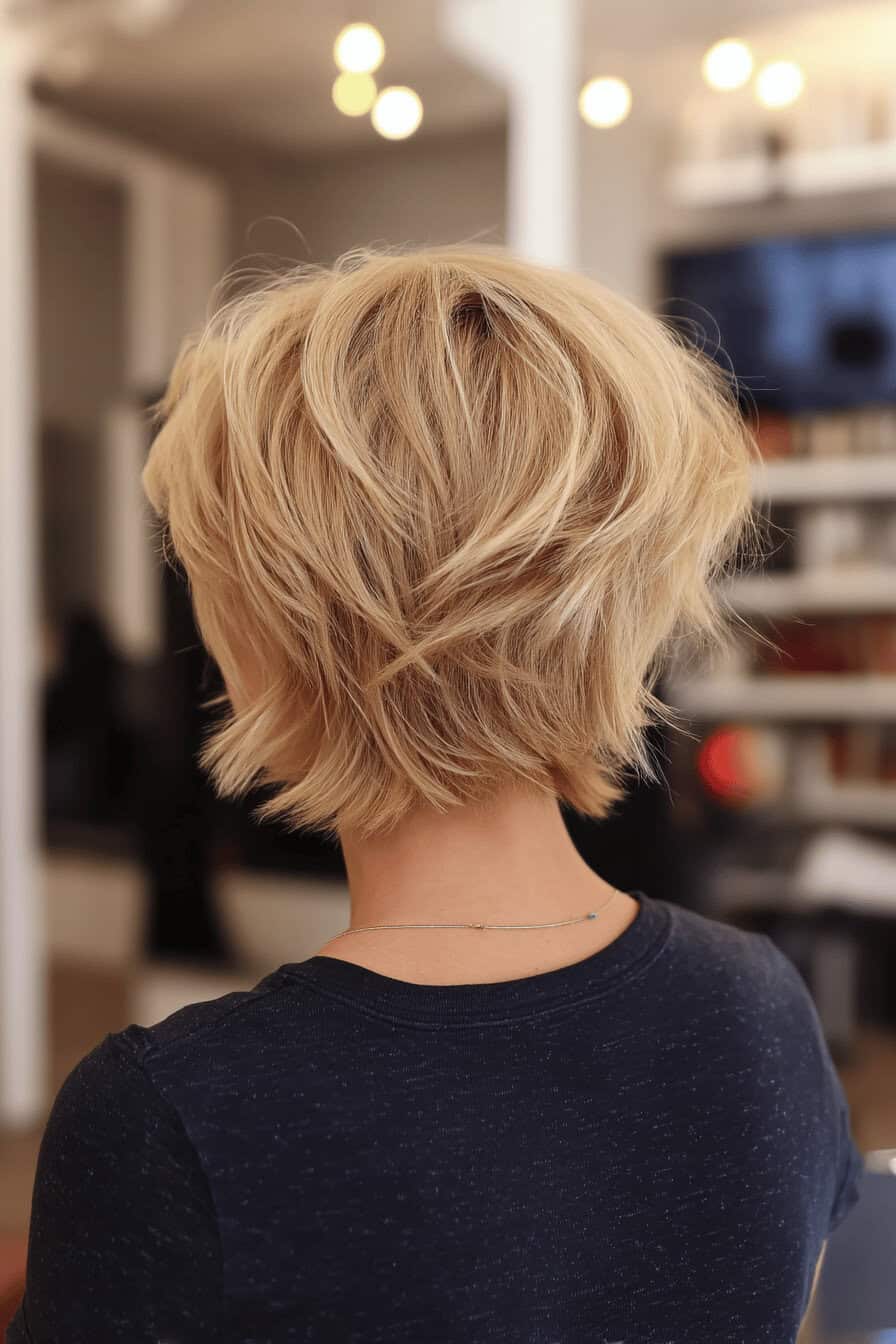 Mittellange blonde Haare im Shaggy-Stil in einem modernen Salon.
