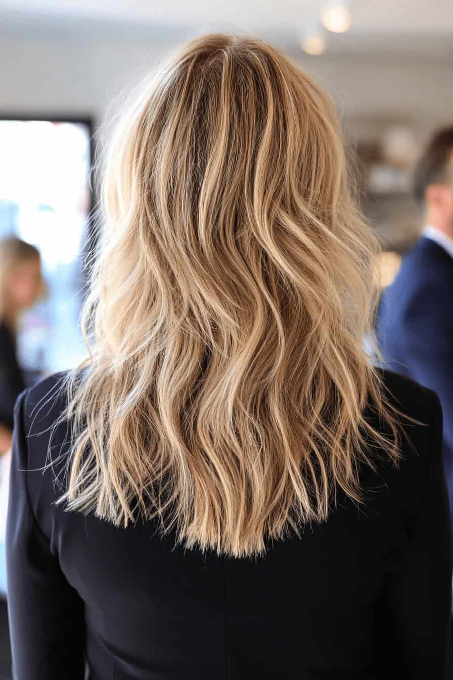 Rückansicht von mittellangen, welligen blonden Haaren in einem lässigen Shaggy-Stil.
