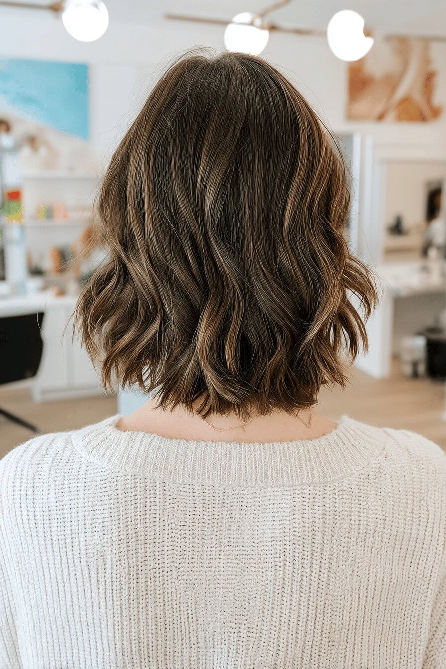 Schulterlange, lockige Frisur in einem hell beleuchteten Friseursalon.