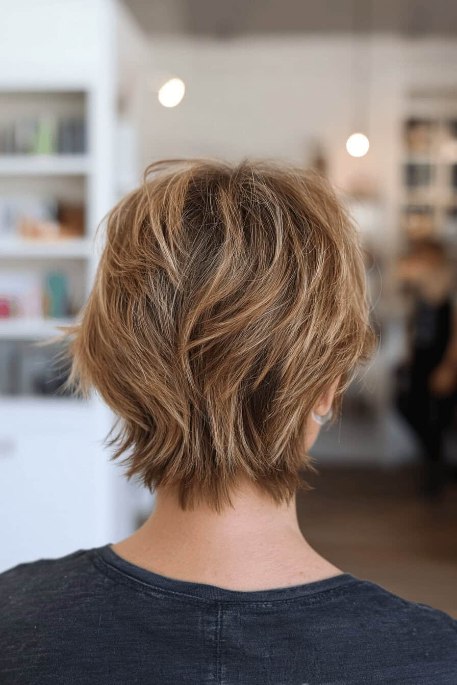 Rückansicht eines Shag Haarschnitts mit hellen Strähnen.