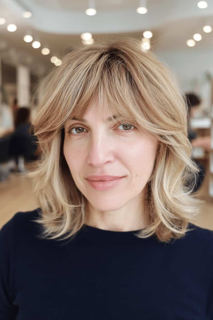 Frau mit Shaggy Frisur und Bangs in einem Friseursalon.