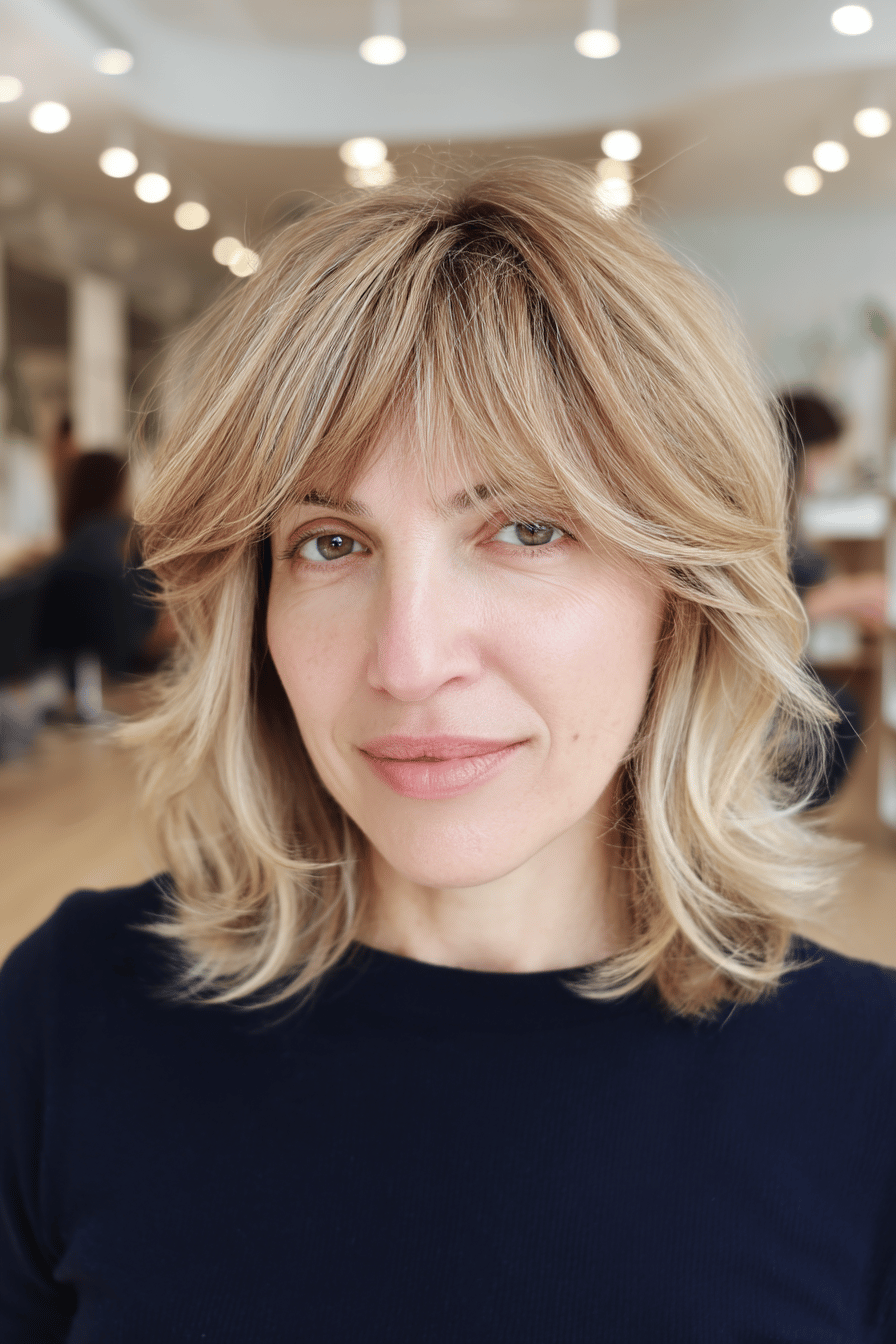 Frau mit Shaggy Frisur und Bangs in einem Friseursalon.