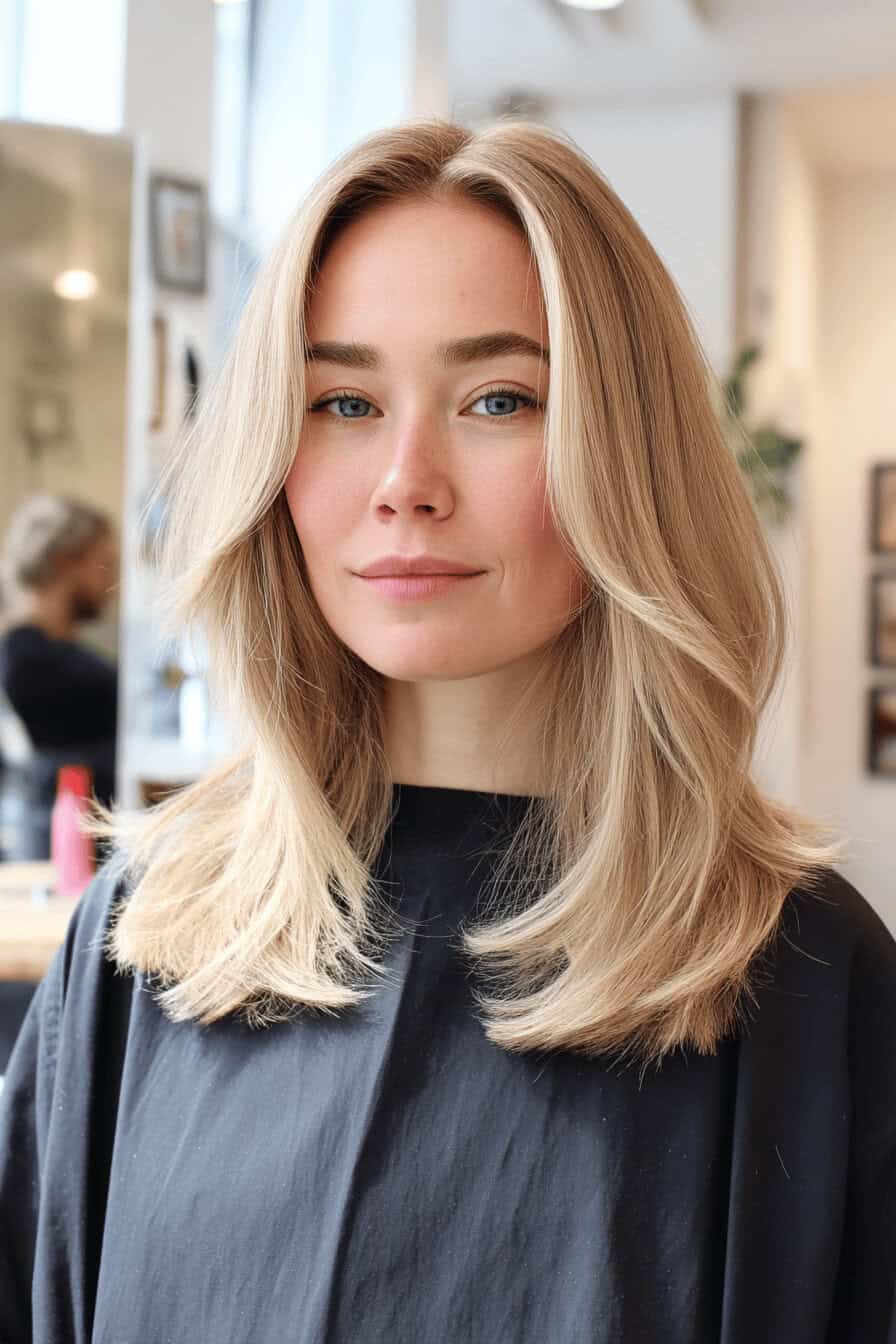 Blonde Frau mit langem, schulterlangem Shaggy-Haarschnitt.
