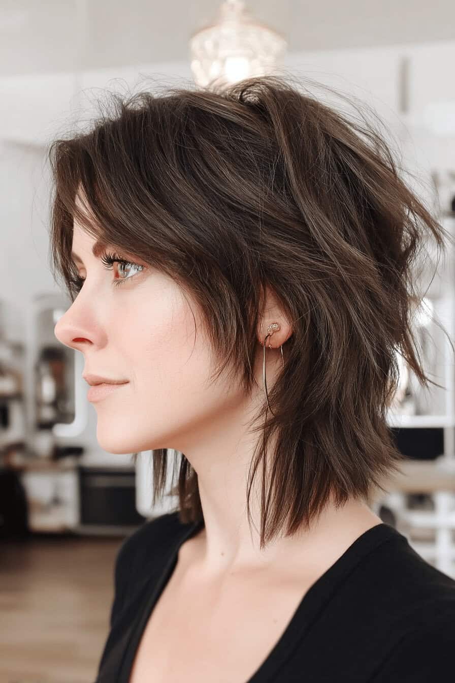 Profil einer Frau mit stufigem Shag Haarschnitt, ideal für feines Haar.