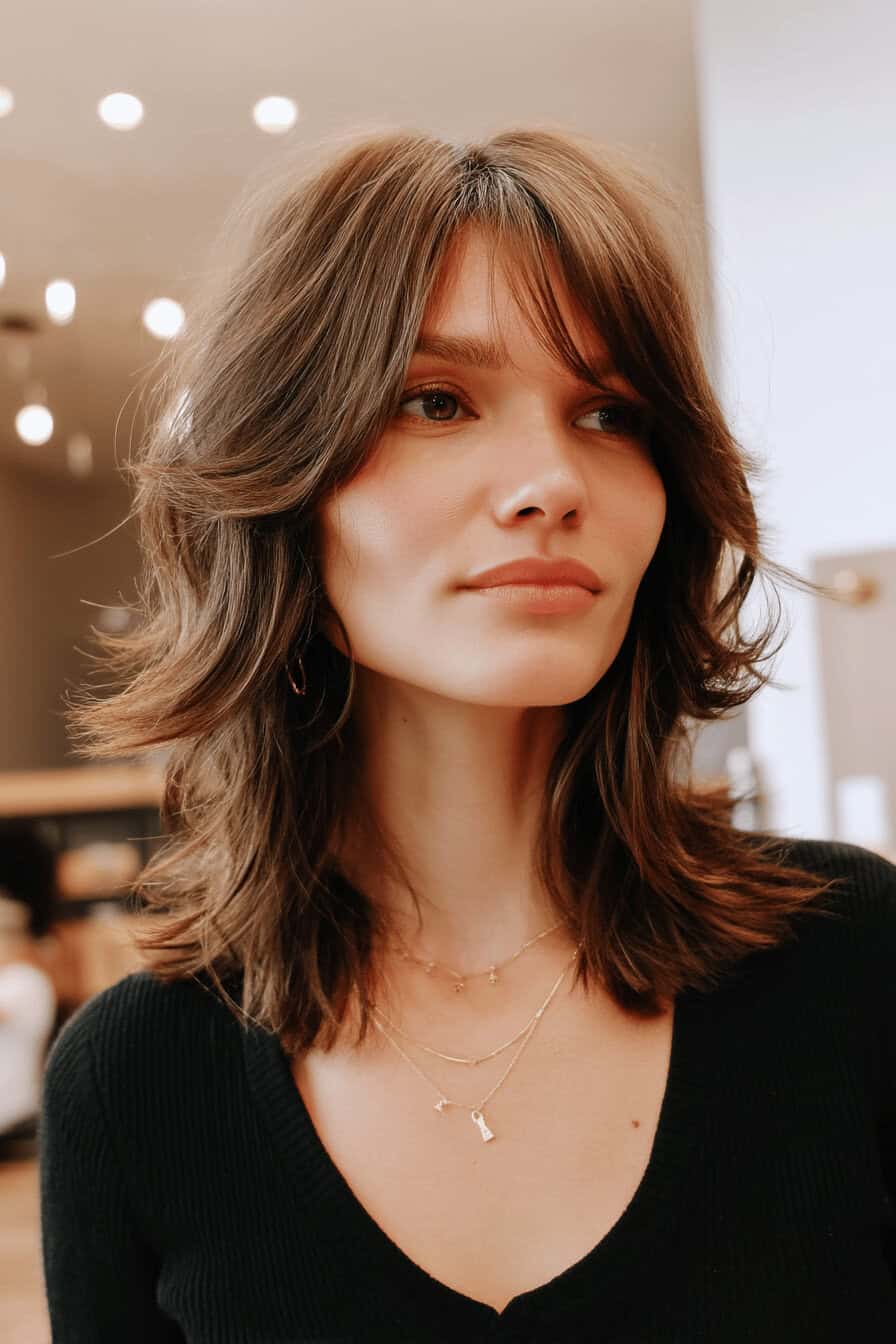 Eine Frau mit einem geschichteten Shag-Haarschnitt und nach außen gestylten Locken.