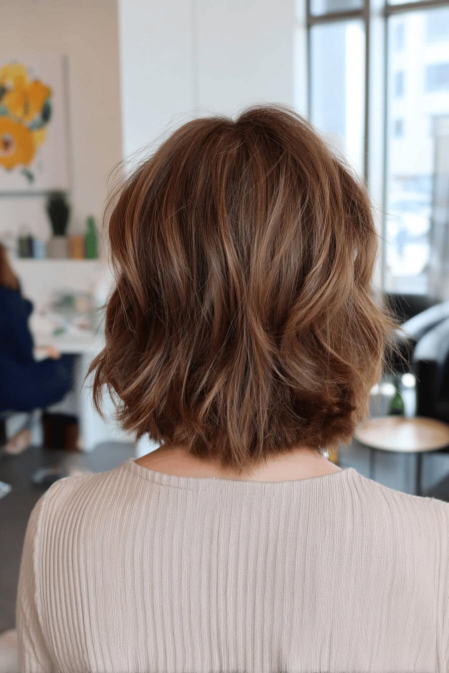 Mittellanger Shaggy-Haarschnitt mit voluminösen Wellen.