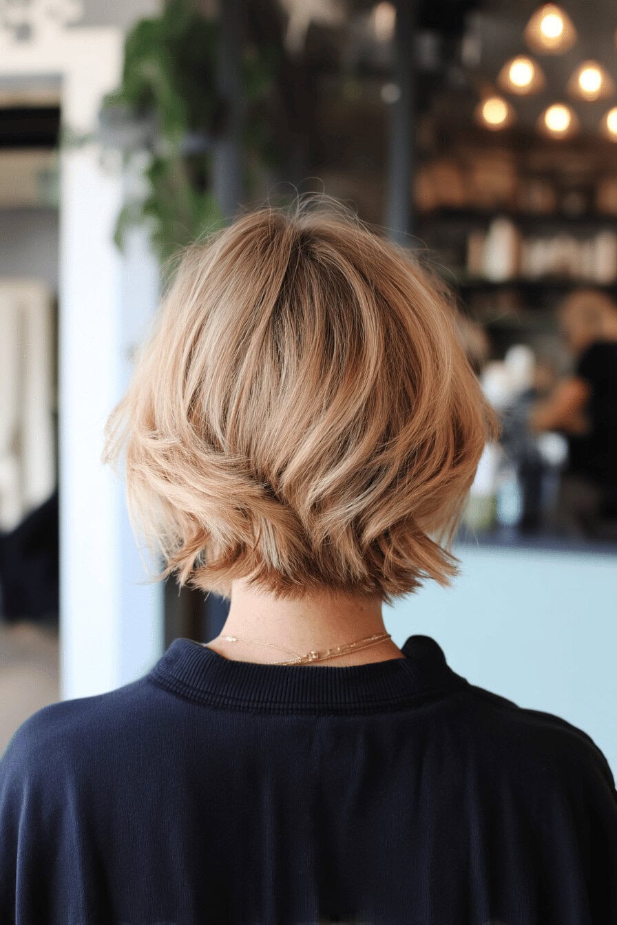 Hinteransicht eines blonden, stufig geschnittenen Shaggy-Haarschnitts in einem modernen Salon.