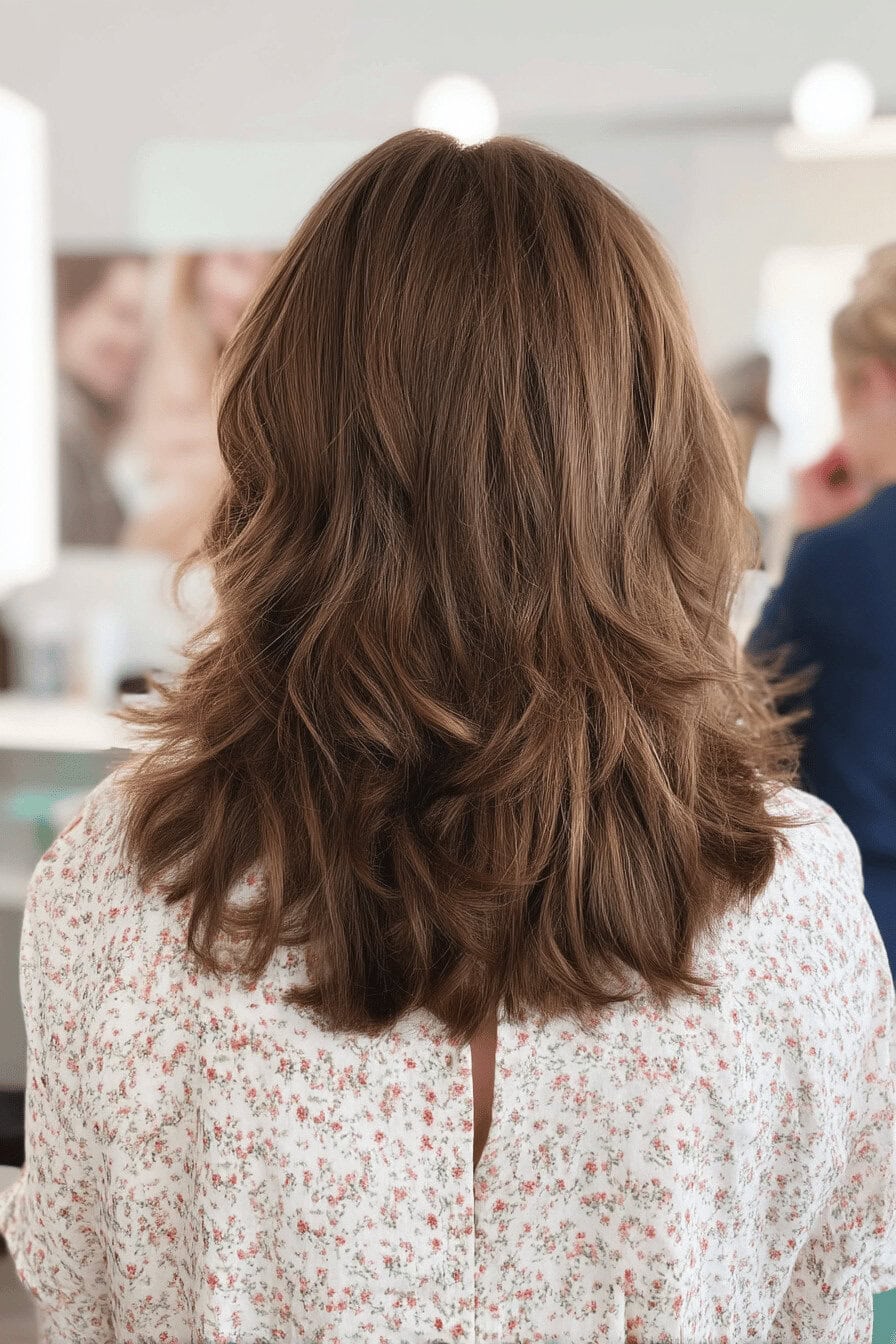Mittellange braune Haare im Shaggy-Stil, von hinten gesehen, in einem Friseursalon.