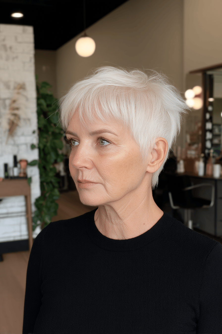 Ältere Frau mit weißem Shaggy Pixie Mullet in einem schicken Salon.