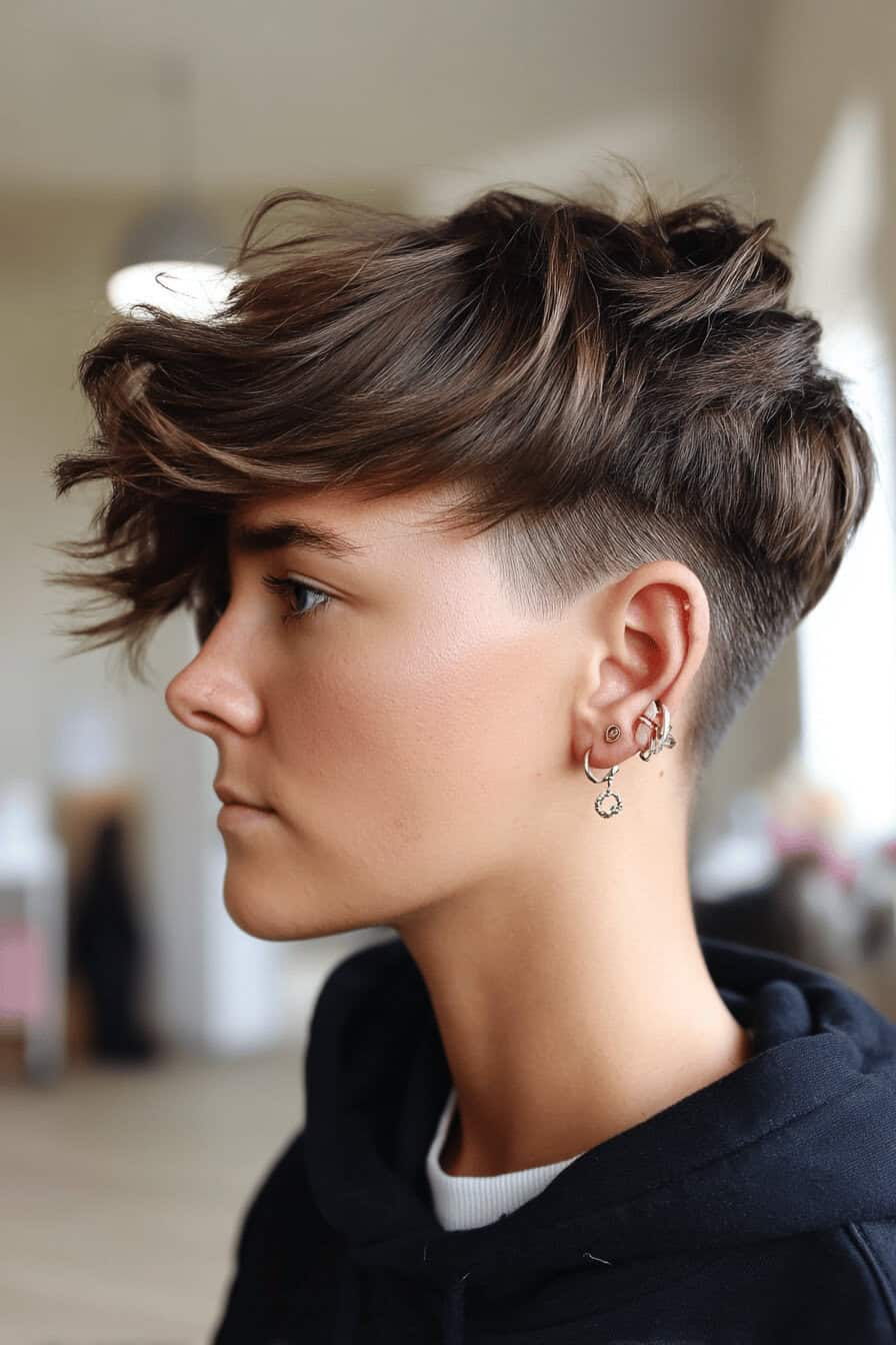 Nahaufnahme einer Person mit einem modernen kurzen Shaggy-Haarschnitt und Undercut.