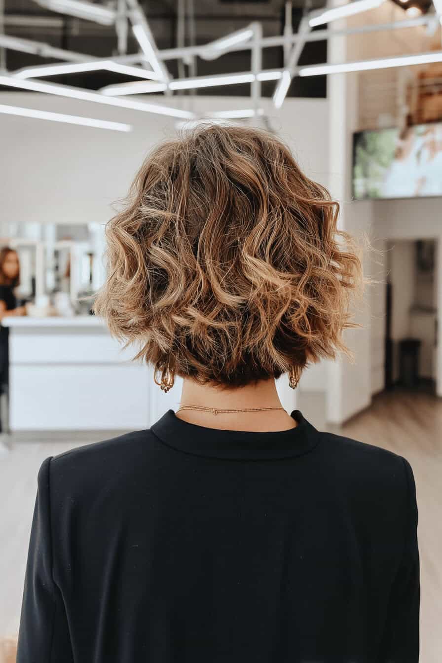 Eine Frau mit einem kurzen, welligen Shag-Haarschnitt und Balayage-Färbung im Friseursalon.