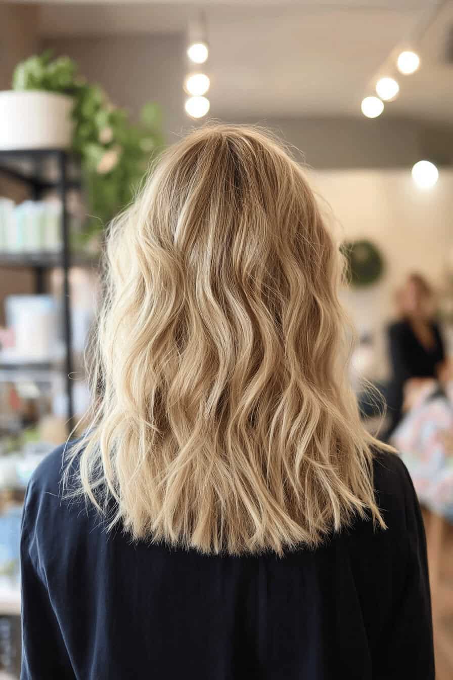 Blonde Haare im Shaggy Stil mit sanften Beachy Wellen in einem modernen Salon.