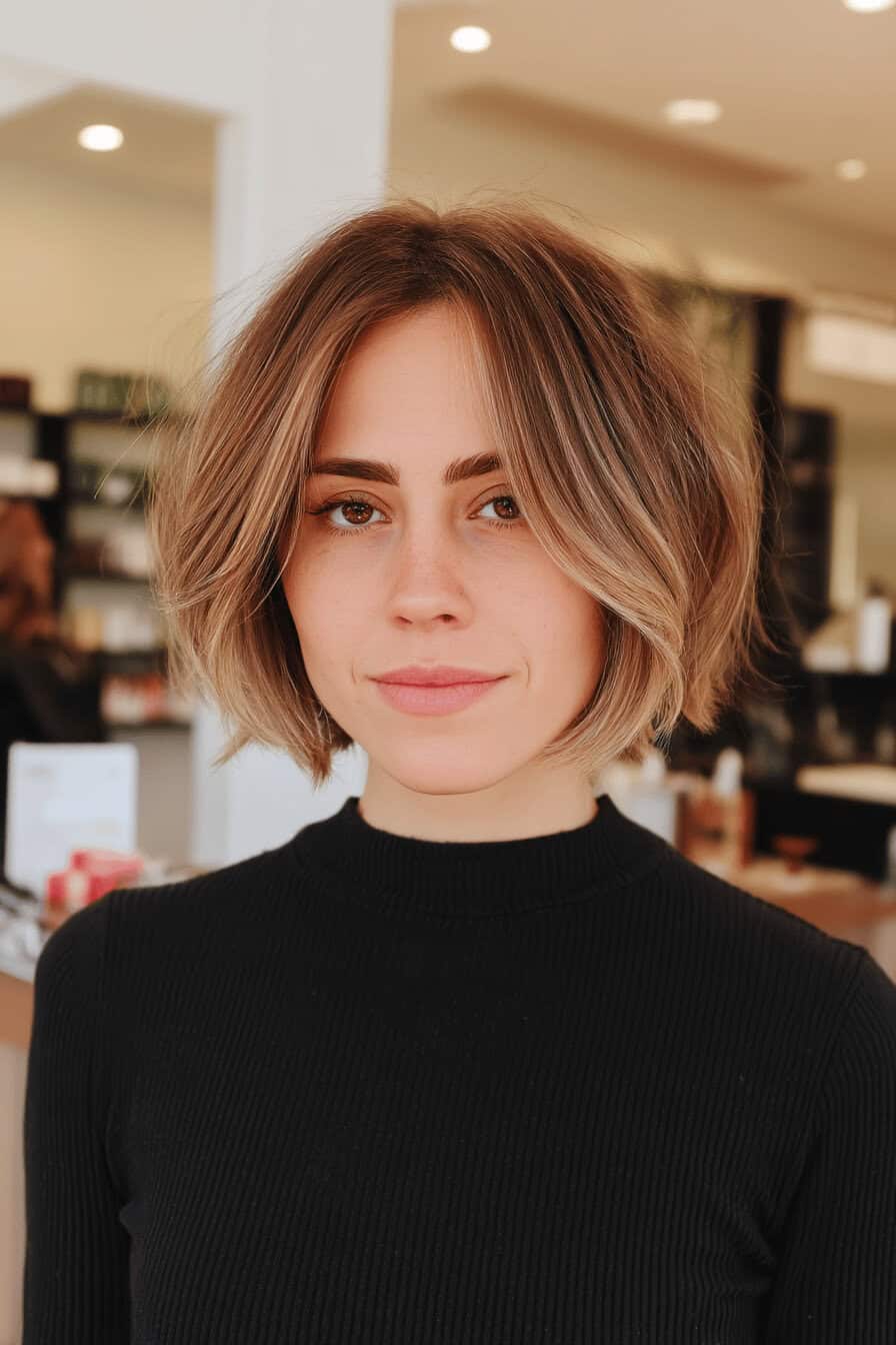 Frau mit mittellangem Shaggy Bob und Balayage-Färbung im Haar