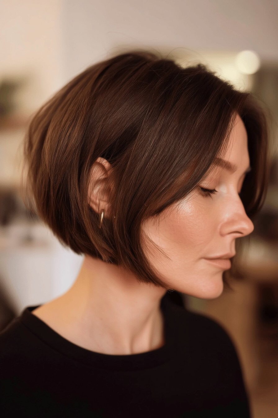 Profilansicht einer Person mit mittellangem, glattem Bob.