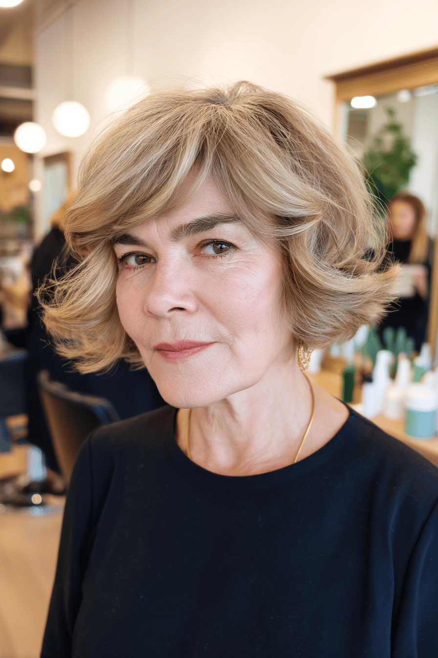 Frau mit voluminösem, welligem Shaggy Bob im Friseursalon.