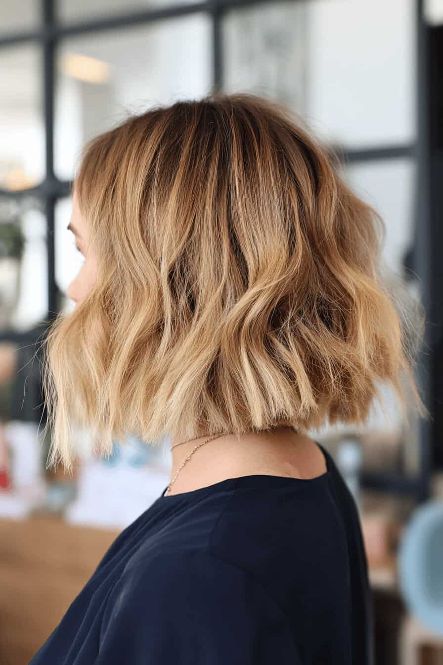 Profilansicht eines mittelblonden Shaggy Bobs mit Highlights.