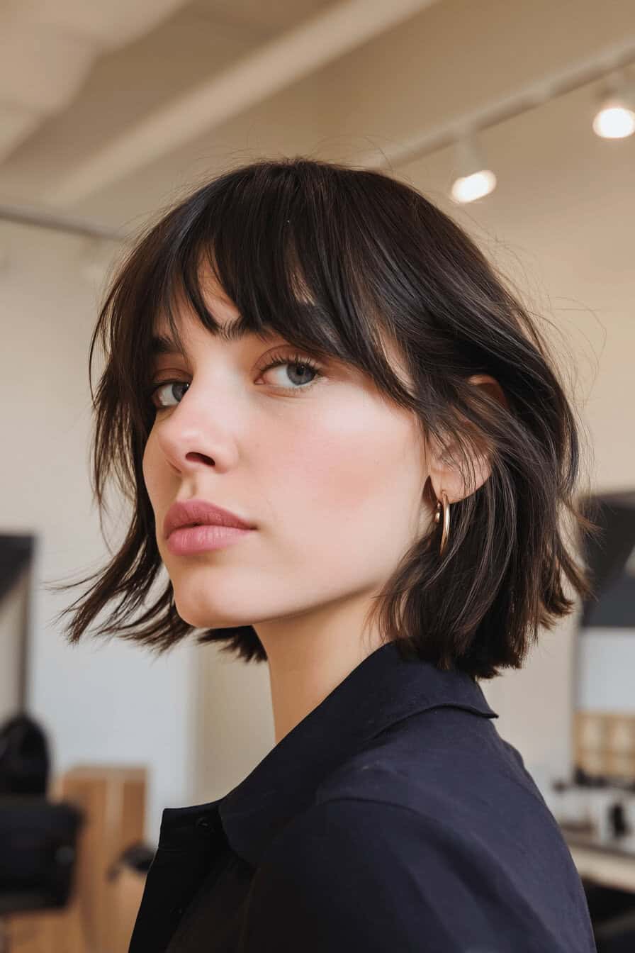 Junge Frau mit einem frechen, kurzen Shaggy Bob-Haarschnitt und Fransen.