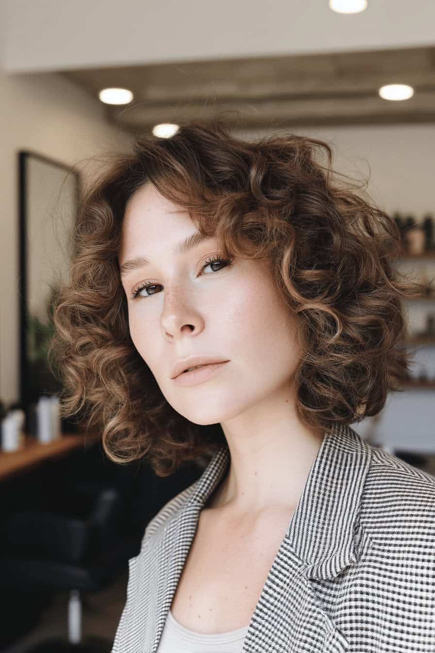 Frau mit mittellangem lockigem Shaggy Bob im modernen Friseursalon.