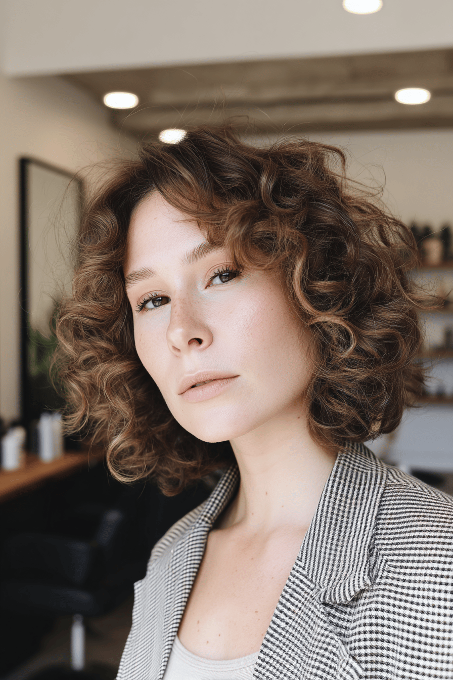 Frau mit mittellangem lockigem Shaggy Bob im modernen Friseursalon.