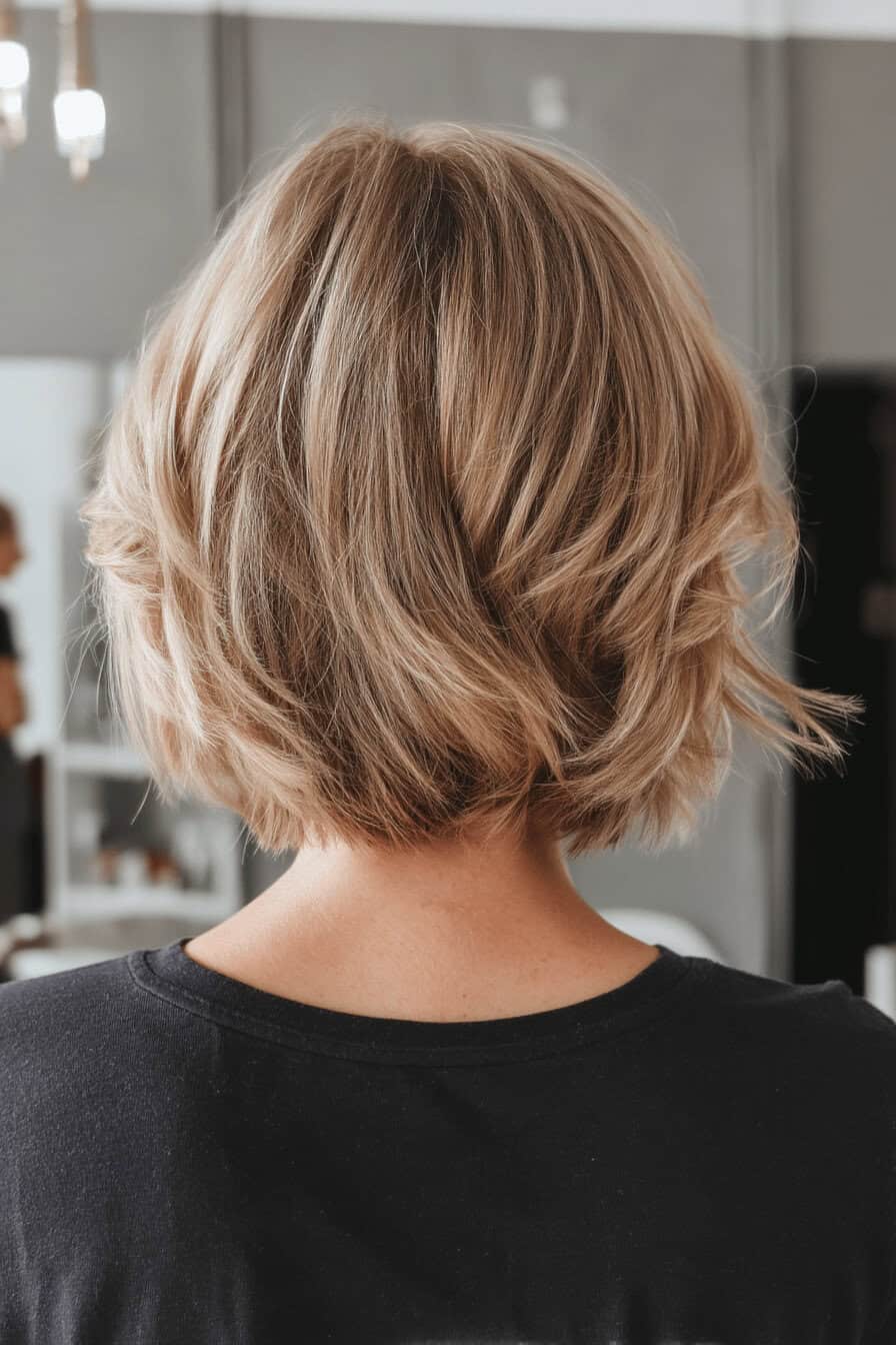 Rückansicht eines mittellangen Shaggy Bob Haarschnitts.