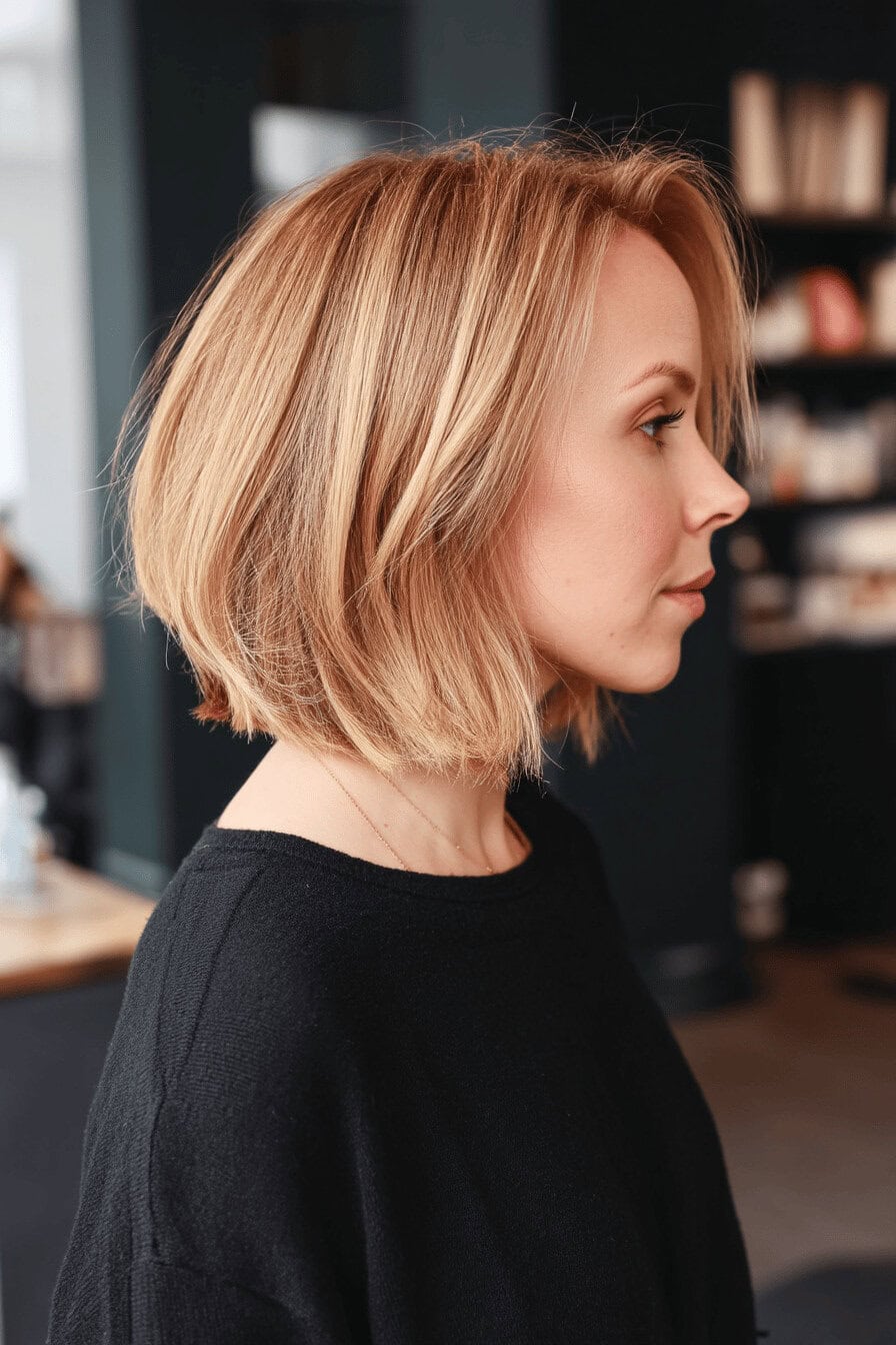 Frau mit mittellangem shaggy Bob in einem modernen Raum.