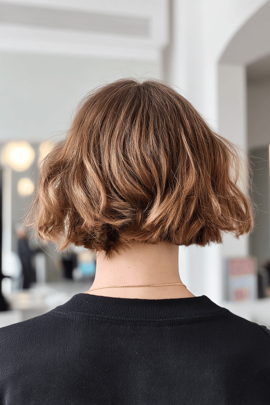 Rückansicht eines mittellangen Shaggy Bob-Haarschnittes.