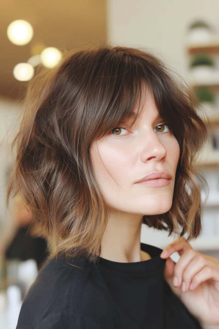 Nahaufnahme eines mittellangen Shaggy Bob Haarschnitts mit weichen Wellen.