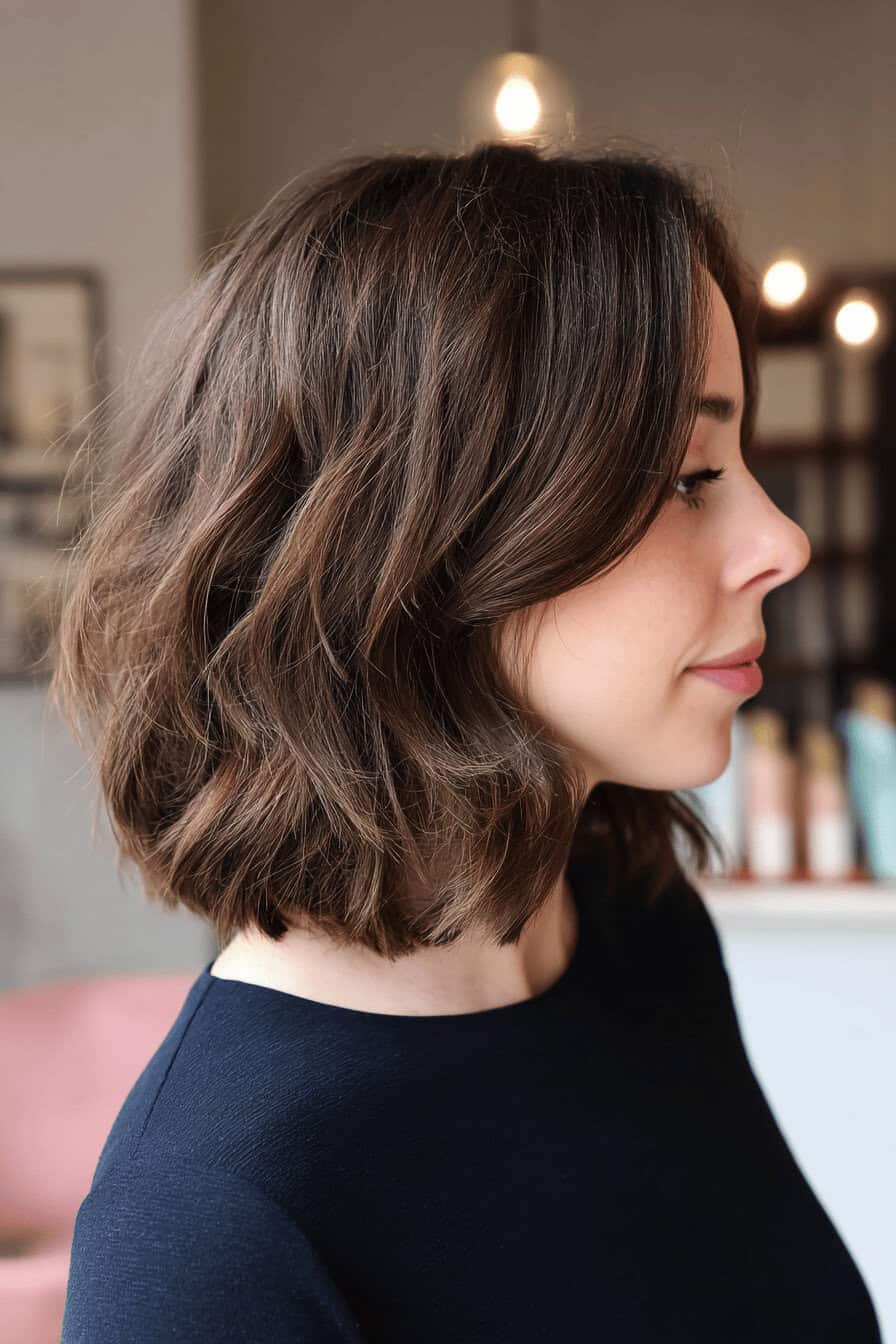 Seitenansicht eines modernen Shaggy Bob Haarschnitts, mittellang mit leichten Wellen.