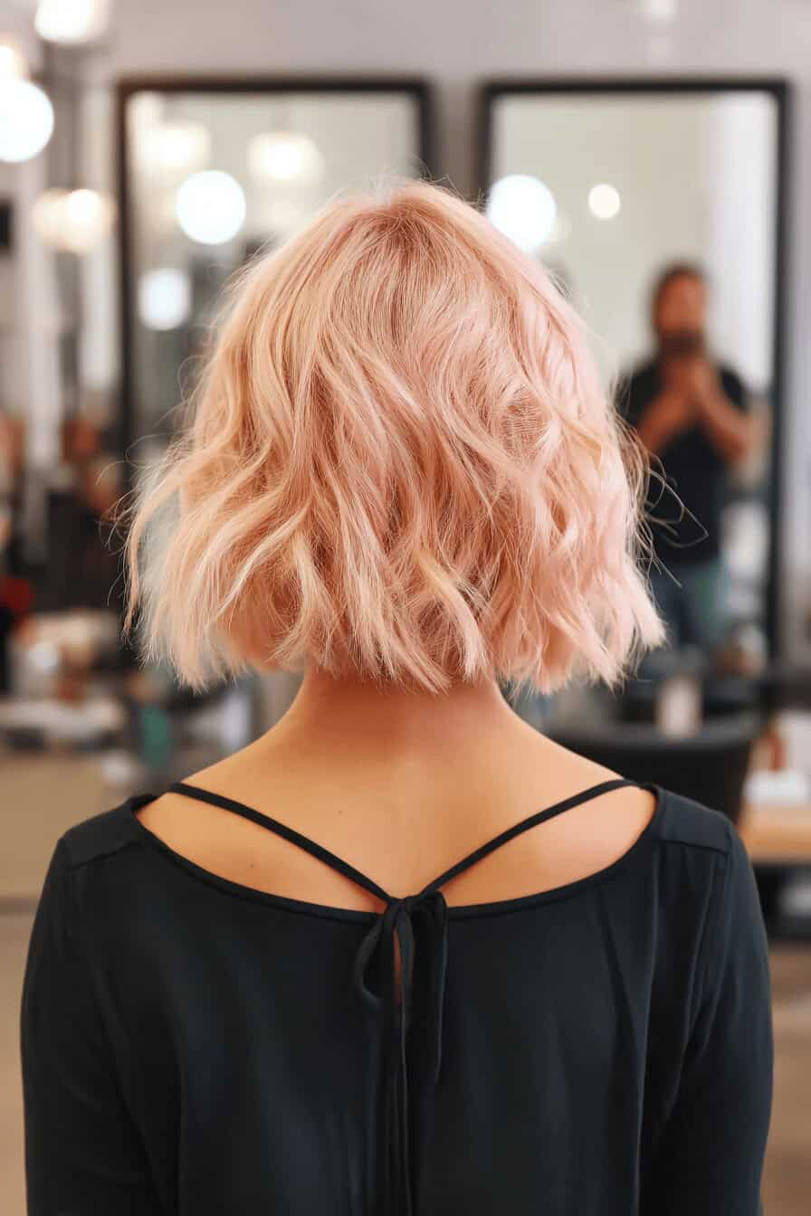 Rückansicht eines mittellangen, welligen Shaggy Bob in Pastellrosa in einem Salon.