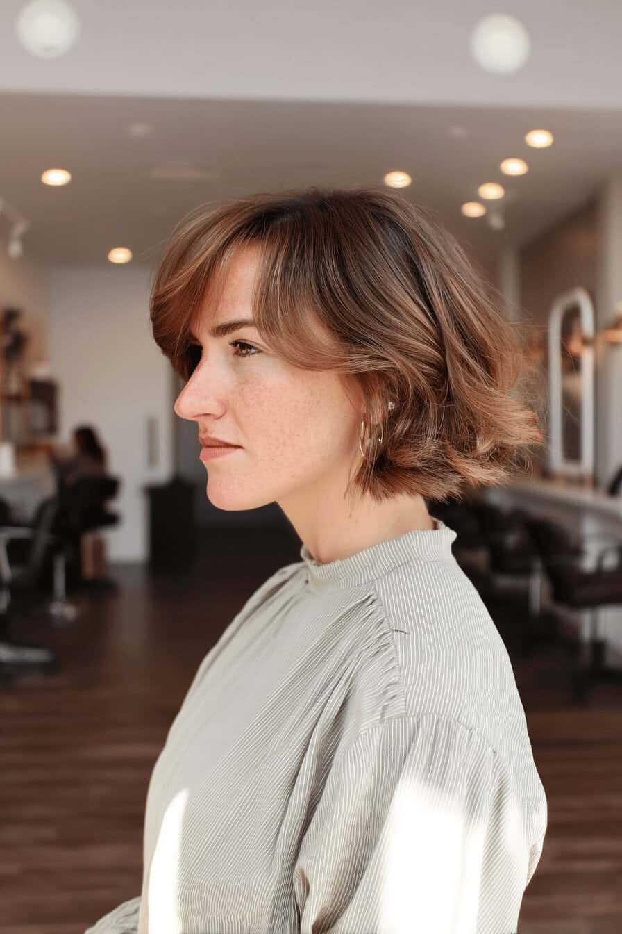 Frau mit mittellangem Shaggy Bob im Friseursalon.