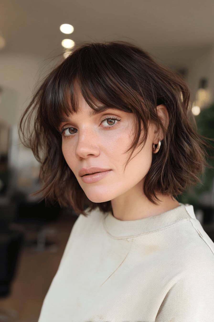 Frau mit einem schulterlangen, unbeschwerten Shaggy Bob.