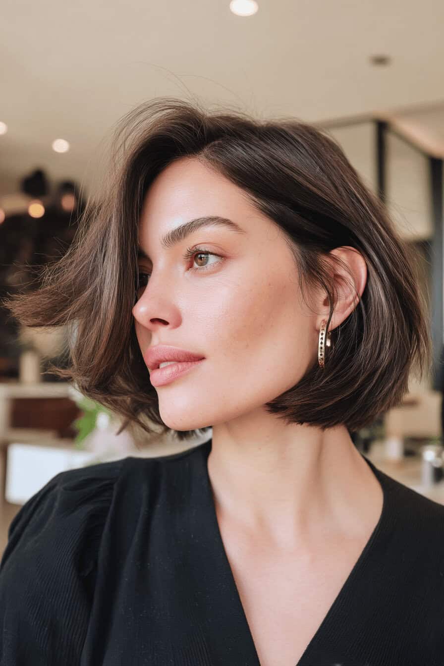 Frau mit einem Shaggy Bob und tiefem Seitenscheitel, im modernen Interieur.