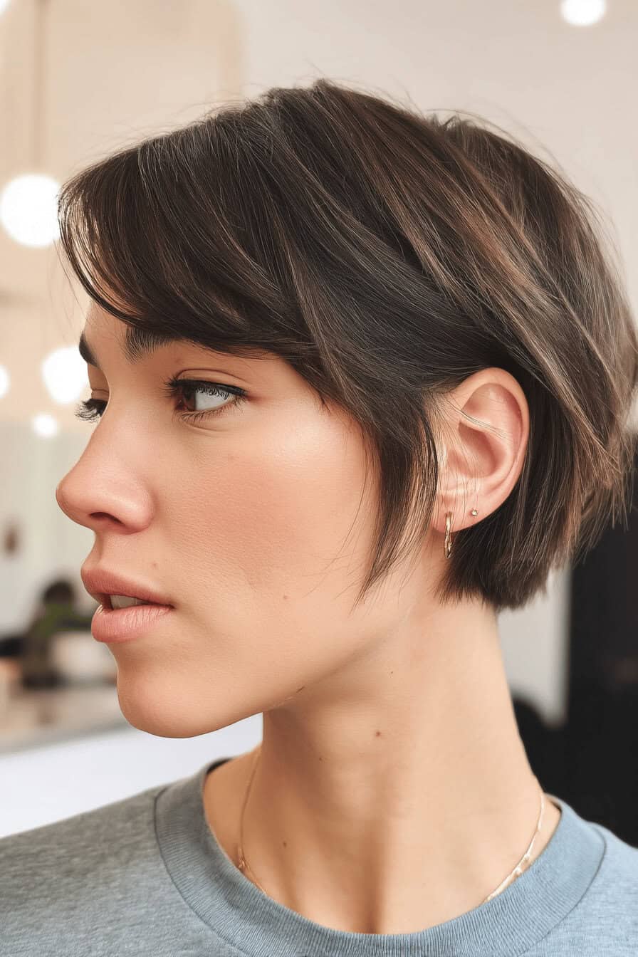 Profilansicht einer Person mit einem mittellangen Shaggy Bob und Undercut.