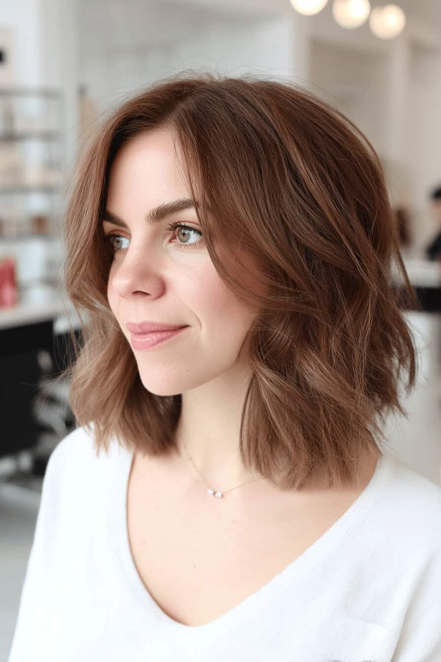 Eine Frau mit einem mittellangen, gewellten Shaggy Bob in einem modernen Friseursalon.