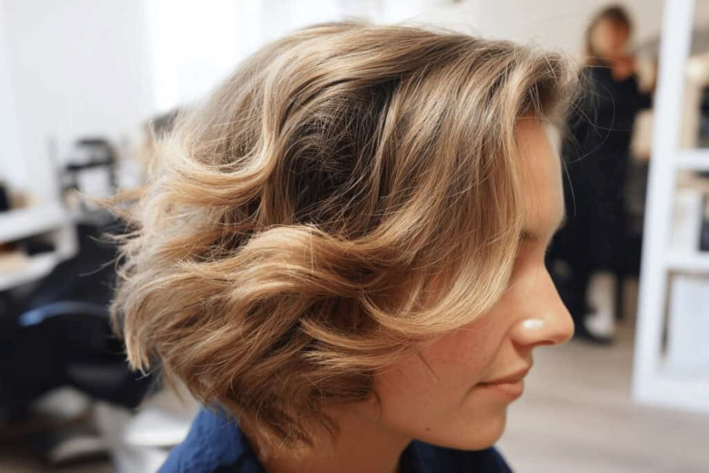 Frau mit welligem, blondem Bob im Friseursalon