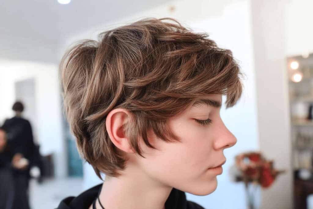 Seitenansicht einer jungen Person mit kurzen Haaren.